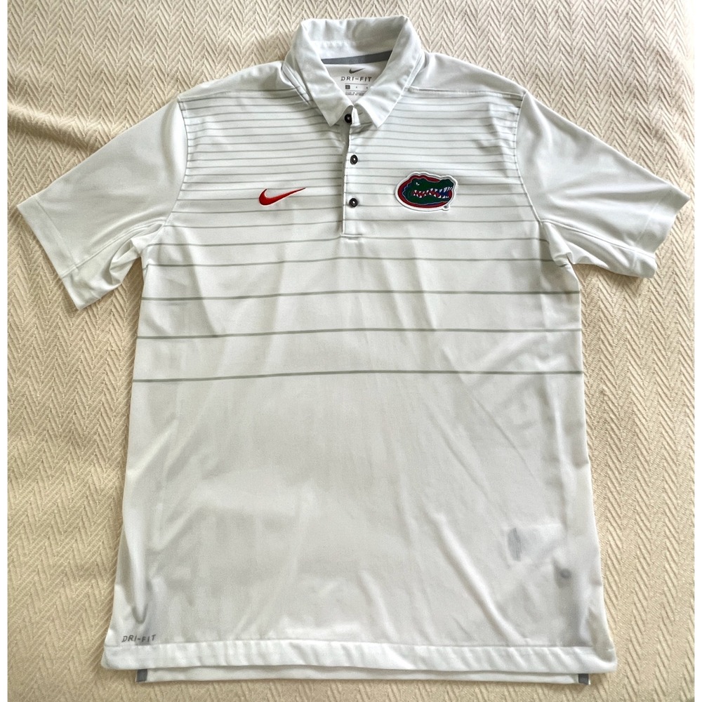 Nike Florida Gators Dri-FIT Polo Shirt Mens Large White Grey Striped Large